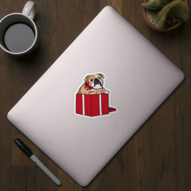 Illustrated cute english Bulldog jumping out of a red present box by illograph